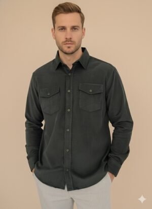 haki Çift cep kapaklı kadife gömlek